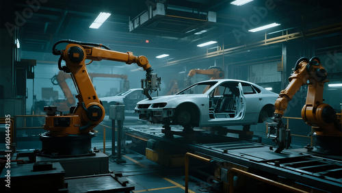 A high-tech robotic assembly line in an automotive factory, featuring multiple robotic arms working on a car chassis.