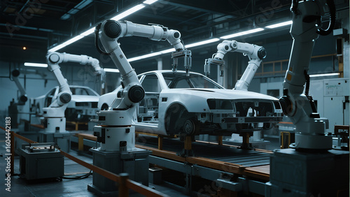A high-tech robotic assembly line in an automotive factory, featuring multiple robotic arms working on a car chassis.