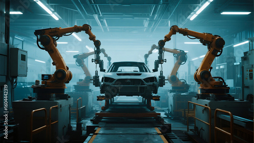 A high-tech robotic assembly line in an automotive factory, featuring multiple robotic arms working on a car chassis.