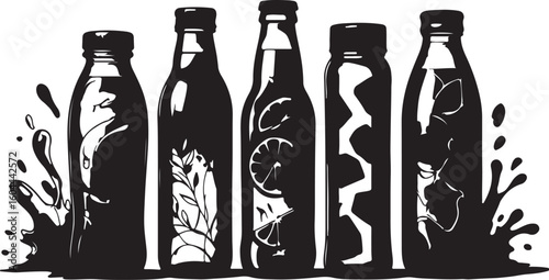 Five bottles with splashing liquid and botanical illustrations splashes herbs