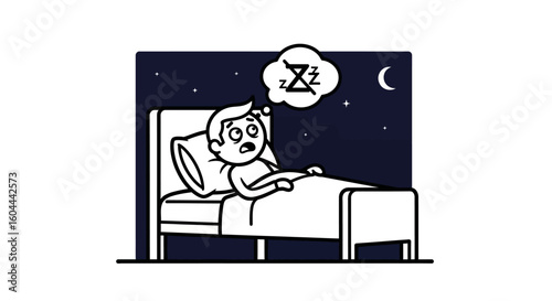 Cartoon character experiencing insomnia at night thinking about not being able to sleep well