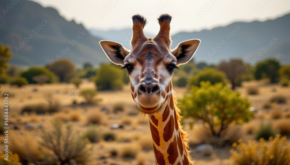 Fototapeta premium a majestic giraffe standing in an open field with mountains in the background. the giraffe appears to be looking directly at the camera, its long neck and distinctive pattern visible