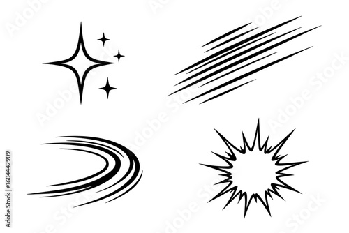 Set of comic book action effects. Manga speed lines, sparkle stars, and explosion burst elements. Vector graphics for cartoon, anime, and pop art motion design elements.