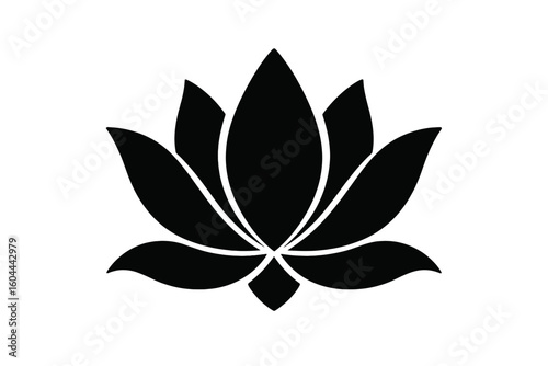 Lotus flower symbol vector illustration. Black lotus silhouette icon. Minimalist floral logo for spirituality, beauty, wellness, zen, yoga, meditation, and spa.
