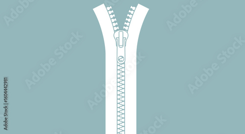 Minimalist Unzipped Zipper Illustration on Pale Green Background Depicting Opening and Closure Mechanism for Apparel or Accessories