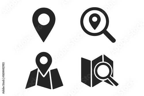 Location icon set. Map pin pointer, navigation marker, and search symbol with magnifying glass. Vector illustration for GPS, direction, and destination finding concepts.