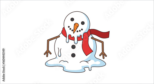 Cartoon melting snowman character with a red scarf isolated on white backdrop for festive designs