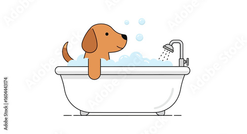 A Joyful Cartoon Dog Taking a Relaxing Bubble Bath in a White Bathtub illustration
