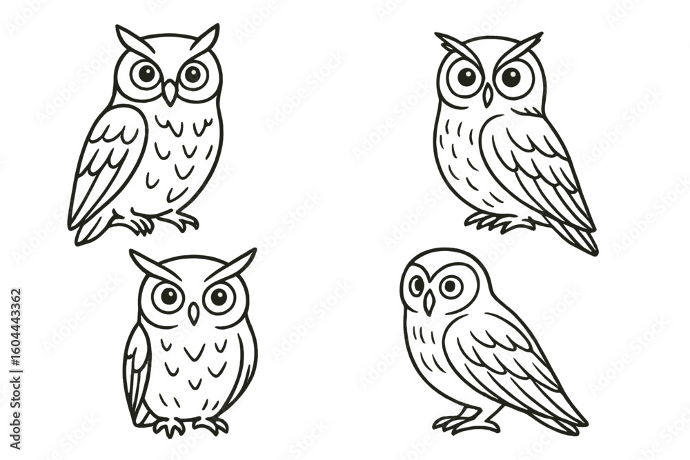 Obraz premium Owl vector outline icon set. Hand drawn minimal line art owls. Isolated cute bird character collection for tattoo, logo, clipart or coloring book. Simple cartoon doodle.