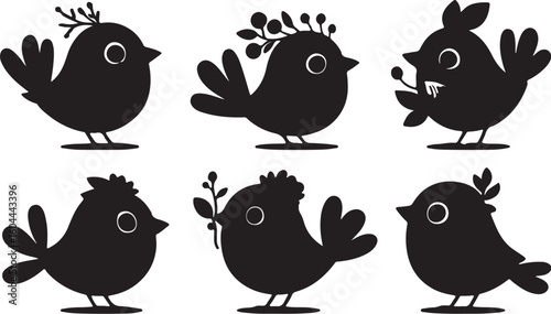Black silhouettes of cute birds with foliage accents white