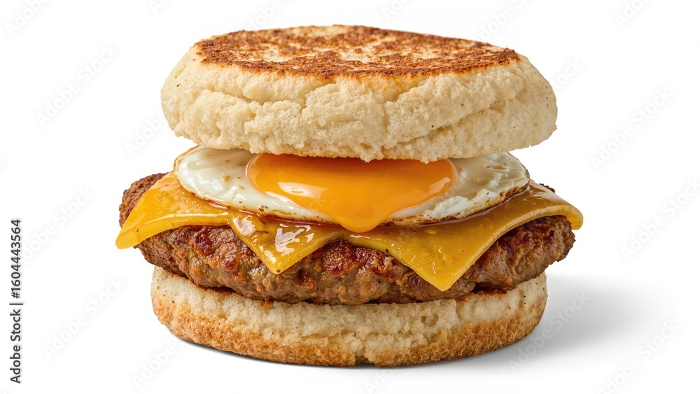 A detailed view of a morning sandwich featuring a toasted muffin, a cooked egg, melted cheese, and a flavorful sausage patty. A detailed view of a morning sandwich featuring a toasted muffin, a cooked egg, melted cheese, and a flavorful sausage patty.