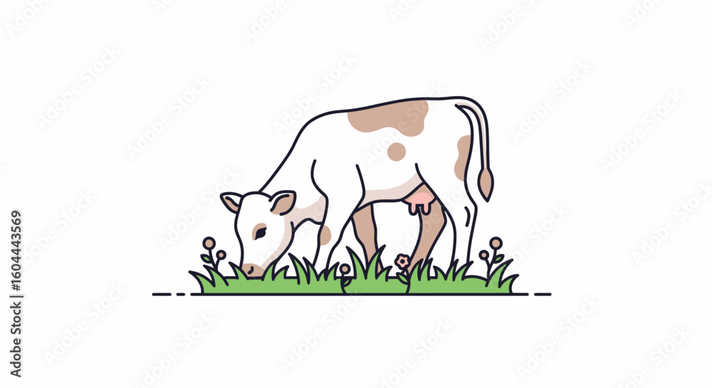 Fototapeta premium Peaceful Grazing: A Minimalist Illustration of a Cow Enjoying a Meadow Scene with Delicate Outlines and Soft Colors for a Serene Aesthetic