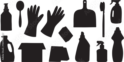 Cleaning supplies and tools silhouettes bottles spray bottles