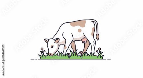 Peaceful Grazing: A Minimalist Illustration of a Cow Enjoying a Meadow Scene with Delicate Outlines and Soft Colors for a Serene Aesthetic