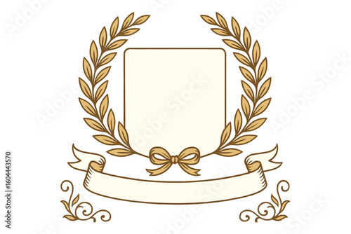 Elegant gold laurel wreath crest with shield and ribbon banner. Vector frame for certificate, award, or diploma. Classic vintage design for honor, victory, and achievement.