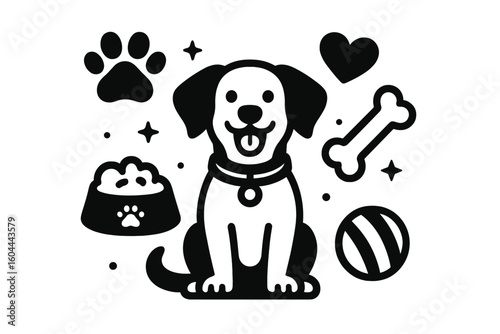 Cute happy dog vector illustration set. Pet care icons collection with puppy, food bowl, bone, toy ball, and paw print. Simple black and white animal design element.