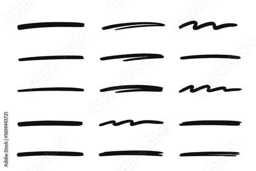 Hand drawn underlines set. Black doodle lines, brush strokes, marker pen marks. Vector sketch scribble collection for text highlighting and graphic design elements.