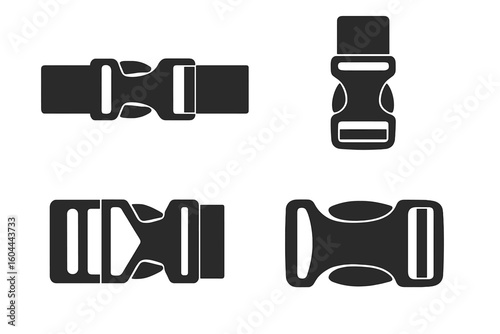 Set of black plastic quick side release buckles. Vector fastex clip, clasp, fastener icon for backpack strap, outdoor equipment, camping, hiking, survival gear.