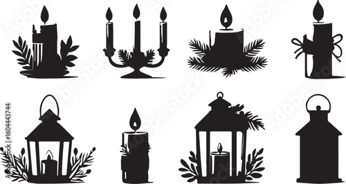 Festive candle and lantern silhouettes with foliage Christmas