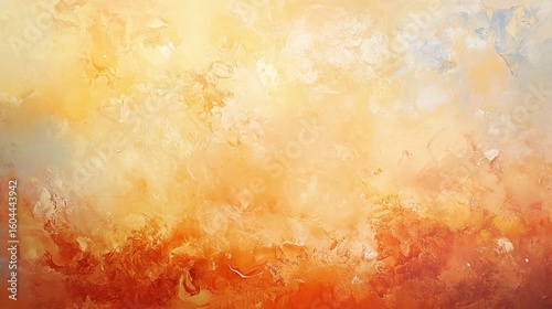 Abstract painting with warm hues of orange, yellow, and beige blending in textured layers, evoking a fiery and energetic atmosphere.