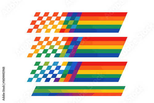 Racing stripe checker pattern with rainbow pride flag colors. Vector design element for car decals, automotive graphics, vinyl wraps, and custom stickers. Motorsport speed.