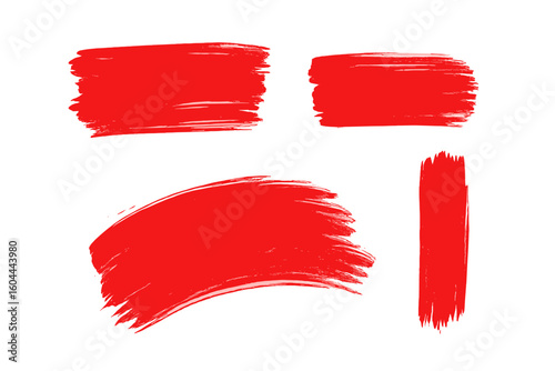 Red brush stroke vector collection. Paint smear texture set. Grunge ink splash. Artistic painted background element. Dirty acrylic stain for banner design. Isolated abstract.