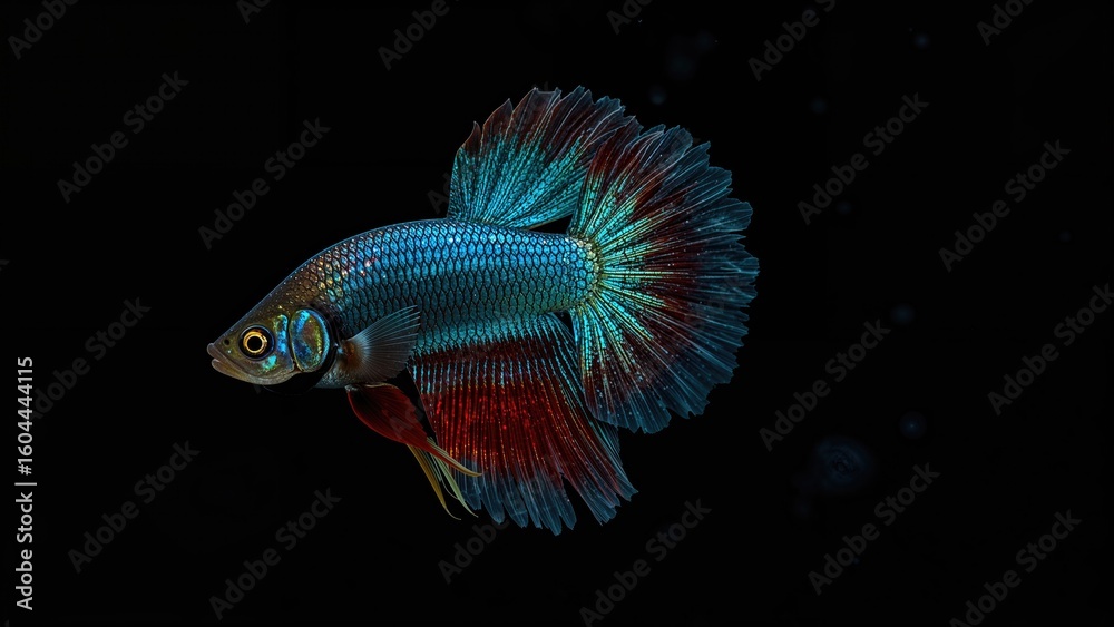 Fototapeta premium Brightly colored female betta fish shown on a shadowy background