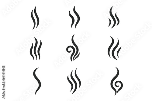 Collection of smoke swirl icons and abstract steam symbols. Curvy flowing shapes and minimalist vector design elements for smoke, heat, vapor, scent, or aroma concepts.