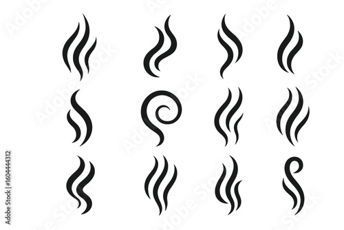 Smoke swirl icons and abstract steam symbols set. Curvy lines and flowing shapes in a minimalist vector design for heat or vapor. Perfect for logos and decorative patterns.