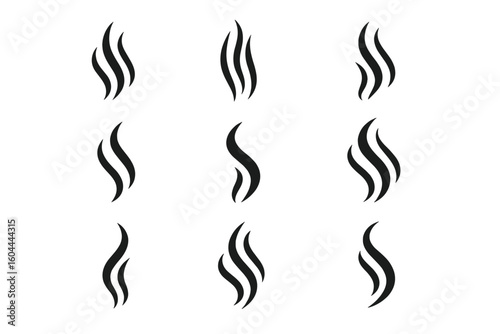Smoke swirl icons set. Abstract steam and vapor symbols. Curvy flowing lines collection. Minimalist design for smoke, heat, or aroma. Perfect for logos or decorative patterns.