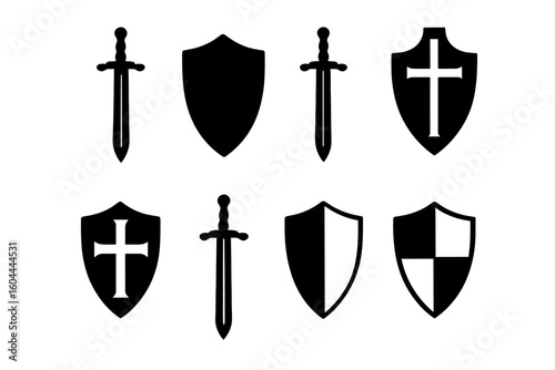 Sword and shield silhouette set. Vector icons of shields and swords featuring medieval designs, heraldry symbols, and cross emblems. Knight logo element collection.