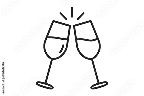 Cheers with toasting glasses line art. Celebration symbol. Vector illustration icon of clinking wineglasses for party, success, wedding, or new year concept. Doodle.