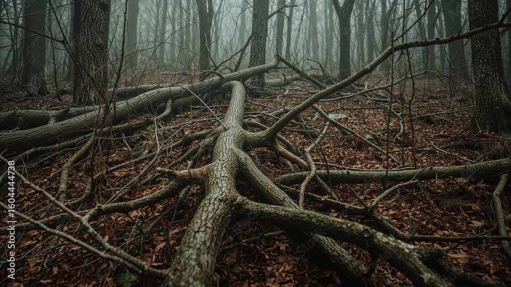 Fototapeta premium Woodland Scene Featuring Fallen Trees - Abstract