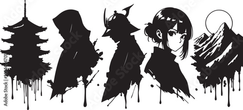 Japanese pagoda samurai anime girl mountains sun temple warrior