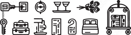 Hotel icons key luggage drinks flowers bed bell cart lock