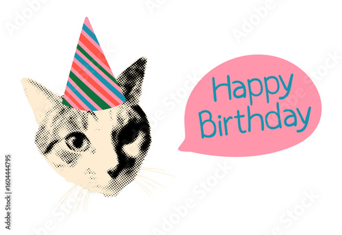 Trendy element for collage. Halftone cat wearing striped party hat with speech bubble and text Happy Birthday. Celebration concept. Modern retro vector illustration on transparent background
