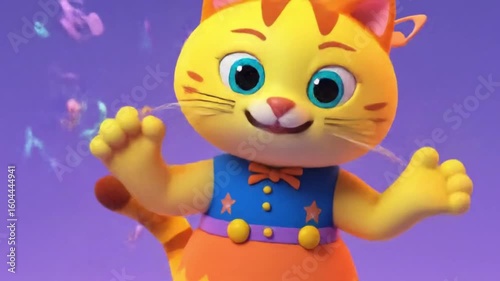 A cheerful cartoon cat dances with a bright smile in a colorful environment, animation style is full of joy and suitable for kids’ content, delivering energy and happiness to the scene.