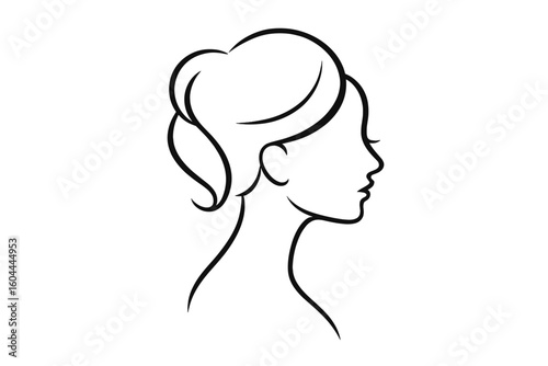 Woman face profile silhouette line art. Vector logo design for beauty salon, spa, fashion. Elegant beautiful girl hairstyle. Minimalist female head icon illustration.