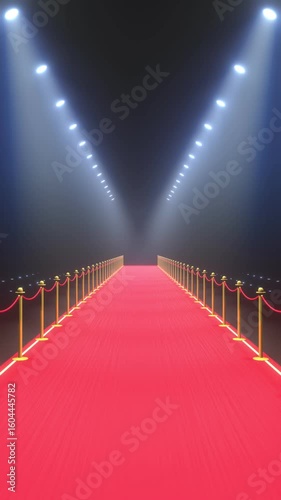Red carpet, barriers and flash lights - show concept - 3D 4k vertical animation (2160x3840px)