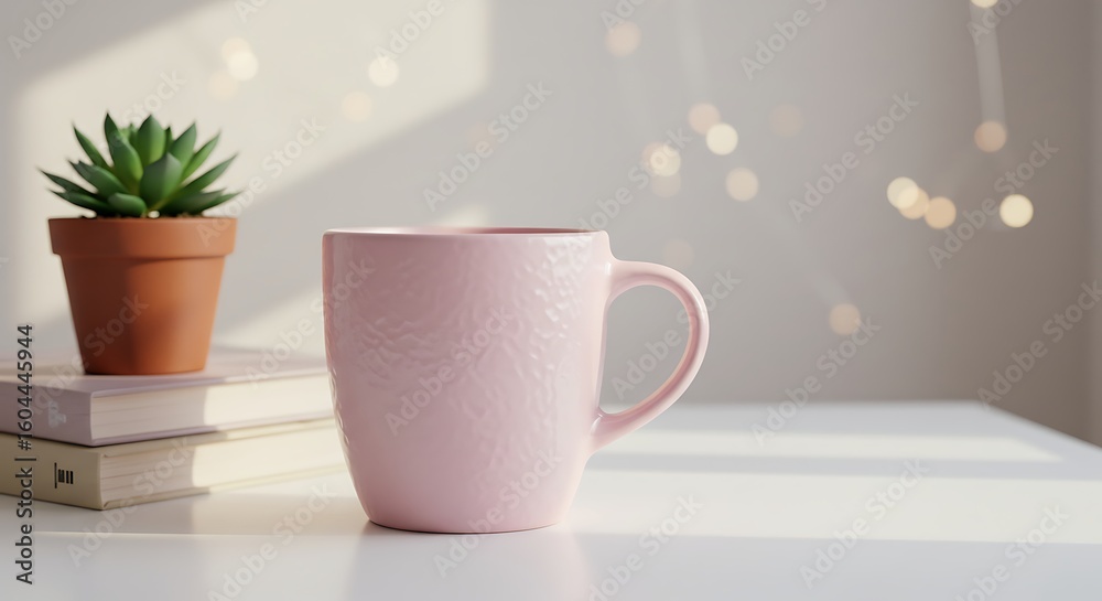 Obraz premium Pink Mug with Green Succulent on Books in Bright Cozy Setting