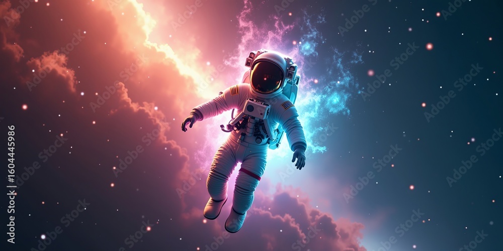 Obraz premium Exploration and discovery in deep space, astronaut floating among vibrant nebula clouds and stars in surreal cosmic scene
