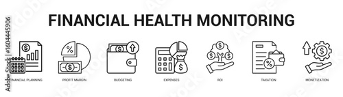 Financial Health Monitoring Modern and clean web banner illustration featuring thematic icons for visual communication