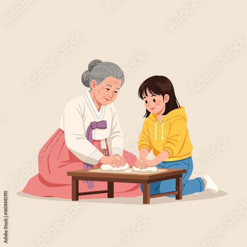 Grandmother and Granddaughter Making Dough Together Illustration with Korean Traditional Dress