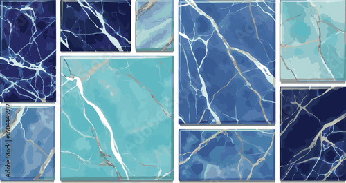 Create a kinds of deferent Blue natural marble stone texture, glossy digital ceramic tile surface vector art with white background
