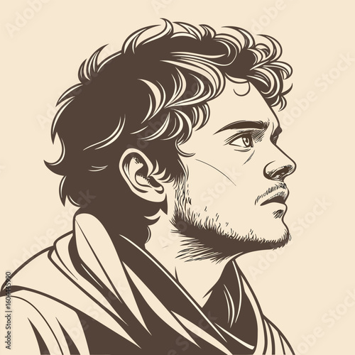 Portrait of a beautiful young man with flowing hair, a striking silhouette of design, and glamorous eyes