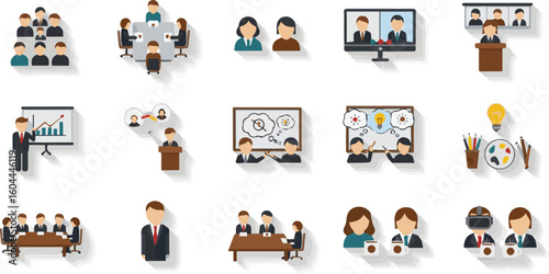 Create a kinds of deferent Meeting simple set material vector art with white background.