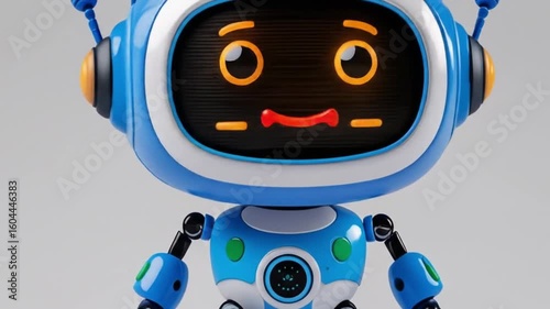 A robotic character with a yellow glowing face and blue body smiles sweetly, animation brings life and makes it suitable for futuristic stories, educational videos, or playful robot content.