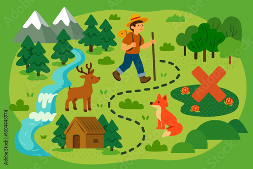 Vector illustration of a hiking map with a hiker, animals, and natural landscape elements.