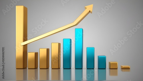 Golden Bar Financial Growth 3D Chart Illustration, Isolated Business Investment and Capital Market Concept