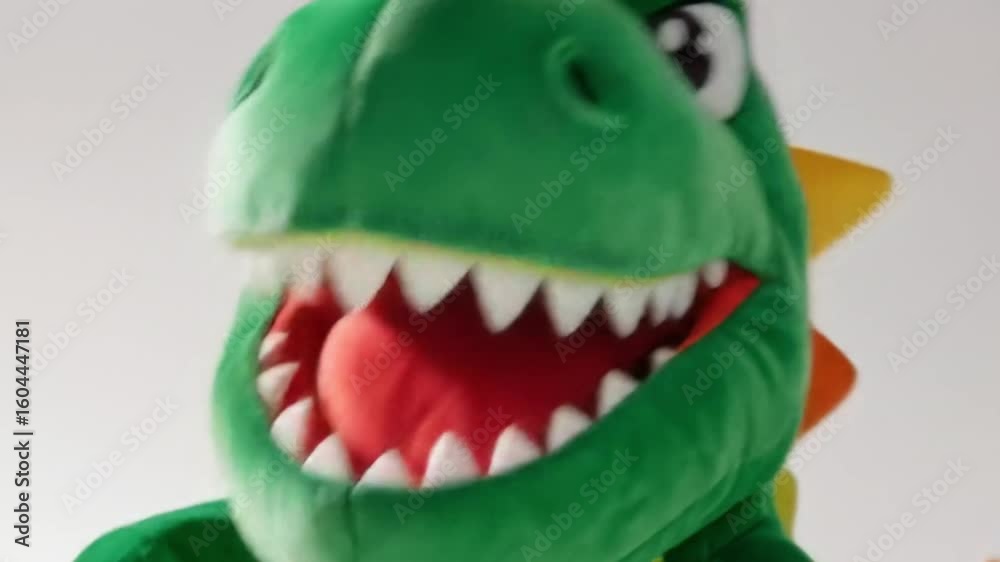 A smiling green dinosaur waves tiny arms with a wide mouth, the animation creates fun motion and is suitable for prehistoric themes, kids’ stories, or lively cartoon adventures.
